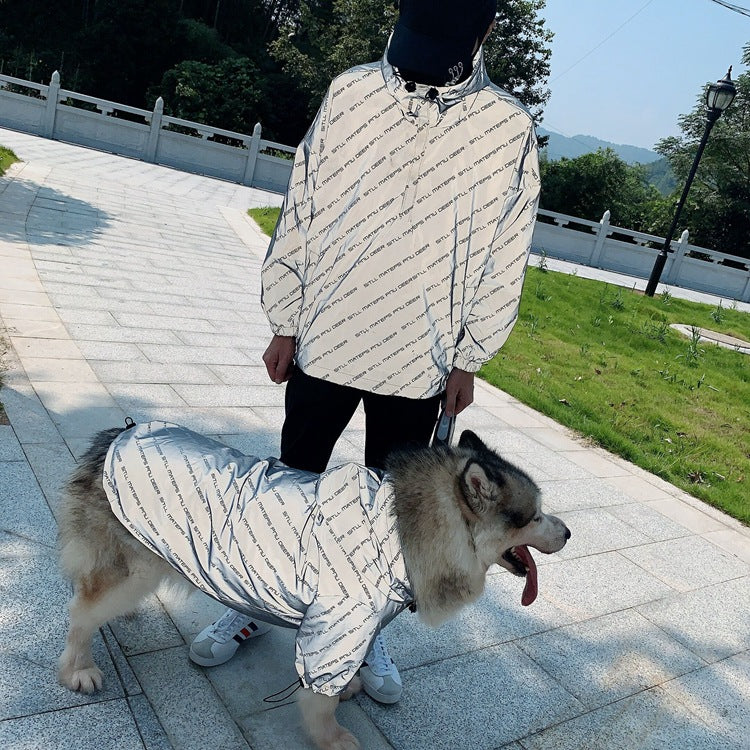 Hooded reflective-letter windbreaker for pet, light gray-blue, full zip, drawstring hem