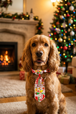 Pet Christmas necktie in red with colorful holiday characters, tied in front.
