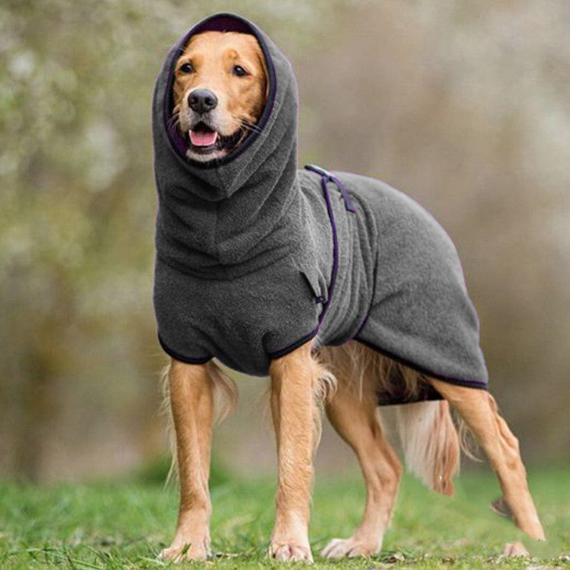 Pet polar fleece hoodie sweater in medium grey, with hood and front pocket detail