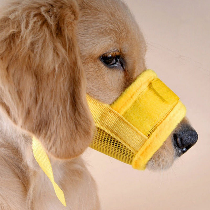 Yellow pet muzzle mask with mesh front and adjustable strap