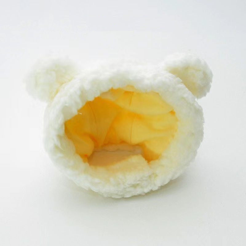 White bear-eared plush pet hood interior lining with face cutout opening