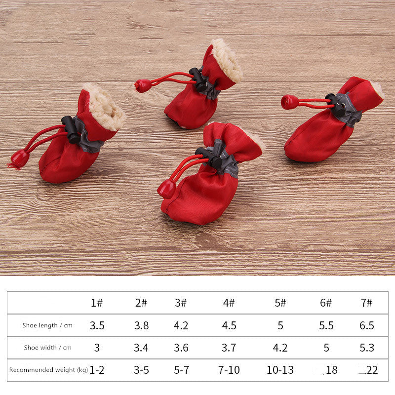 Red dog soft-soled pet shoes with paw-pull cords and fleece trim, set of 2.