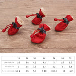 Red dog soft-soled pet shoes with paw-pull cords and fleece trim, set of 2.