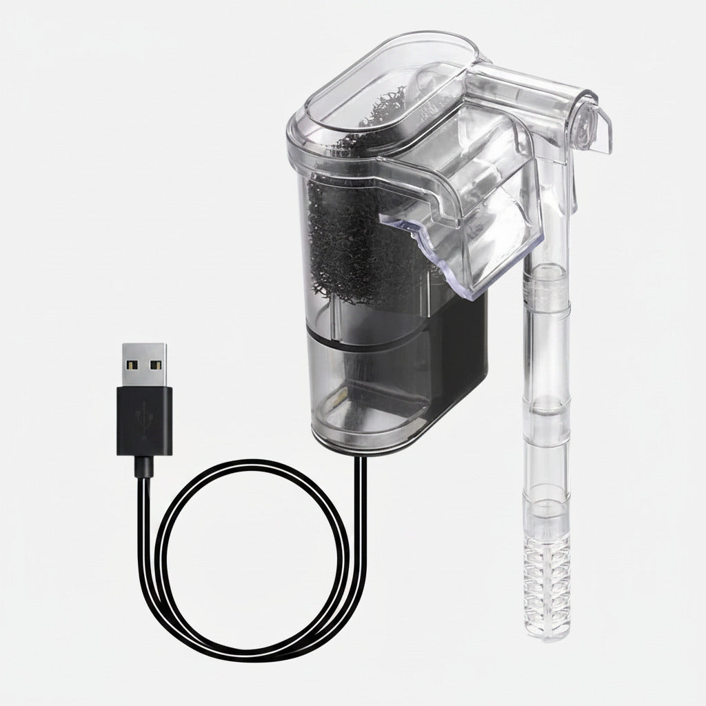 Mini hanging aquarium filter with USB cable, clear body and black filter media