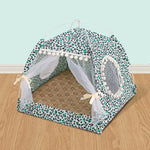 Leopard-print pet tent bed with open mesh curtains and round side fabric openings
