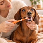 Orange pet toothbrush with small bristle head held while dog opens mouth