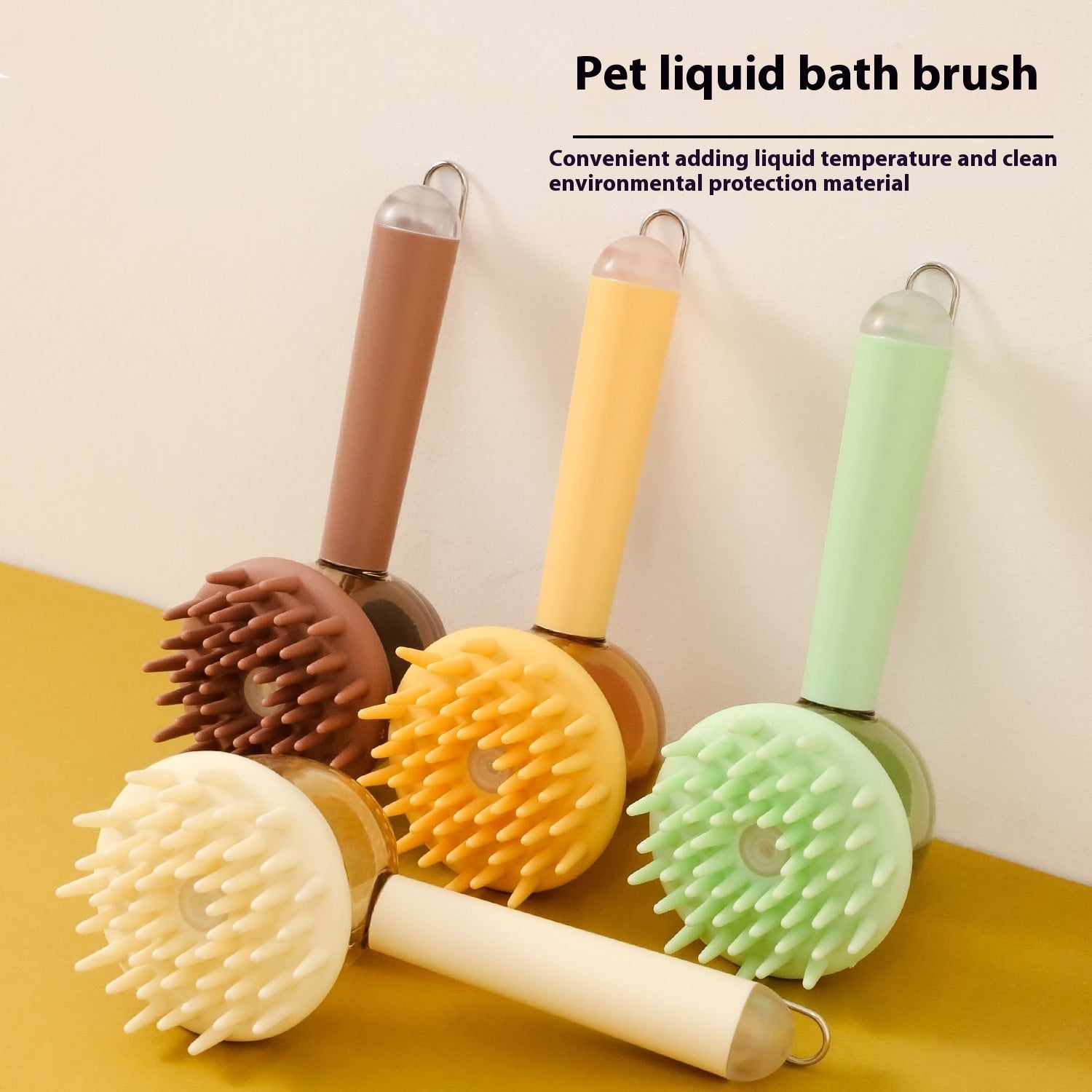 3-in-1 pet bath brush set with three heads in brown, yellow, and light green