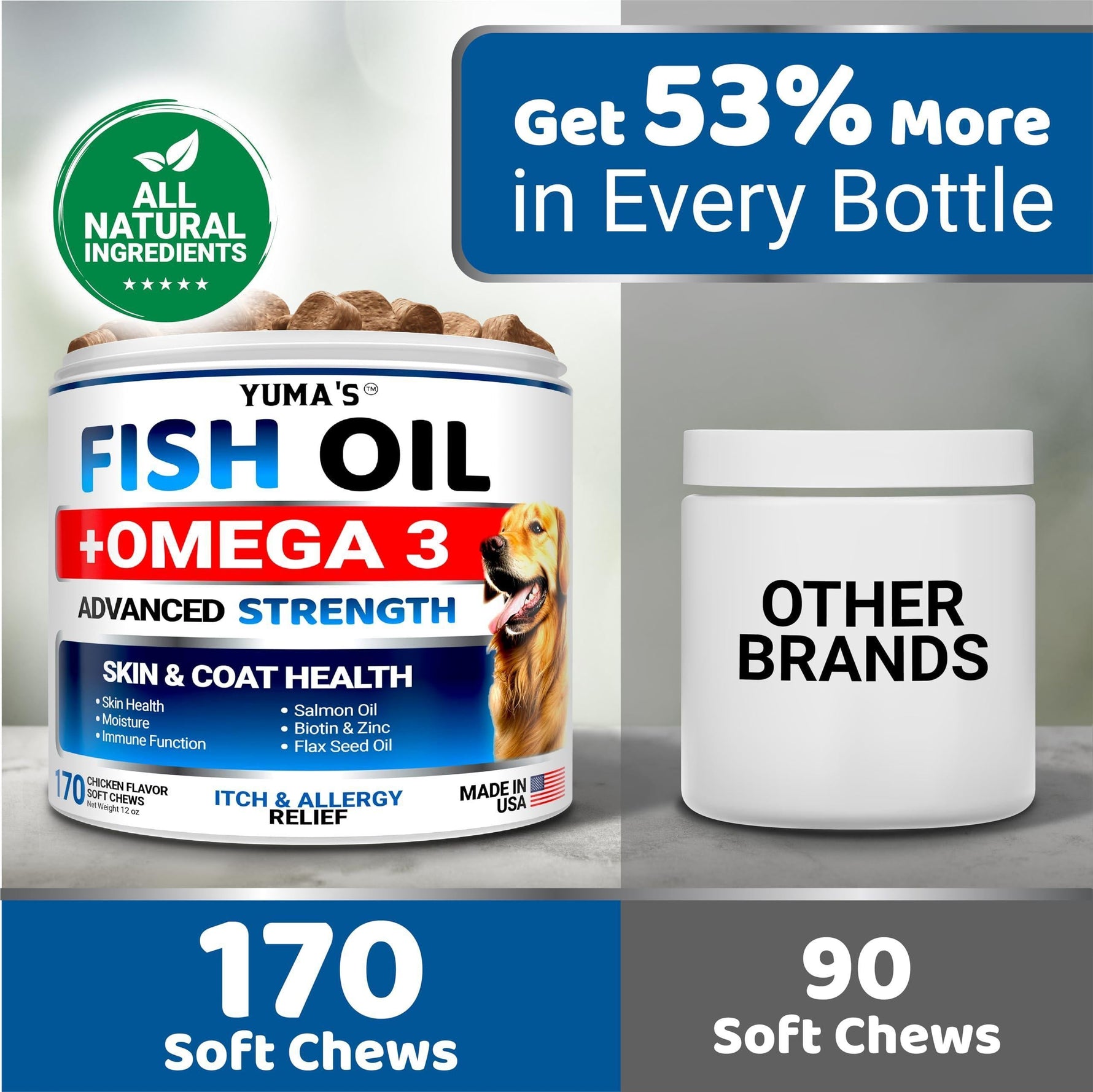 Yuma's Fish Oil +Omega 3 tub shown with 170 soft chews and 90 soft chews options