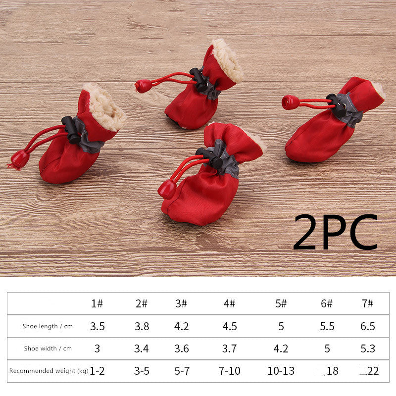 Red dog soft-soled pet shoes with paw-pull cords, black fasteners, set of 2.