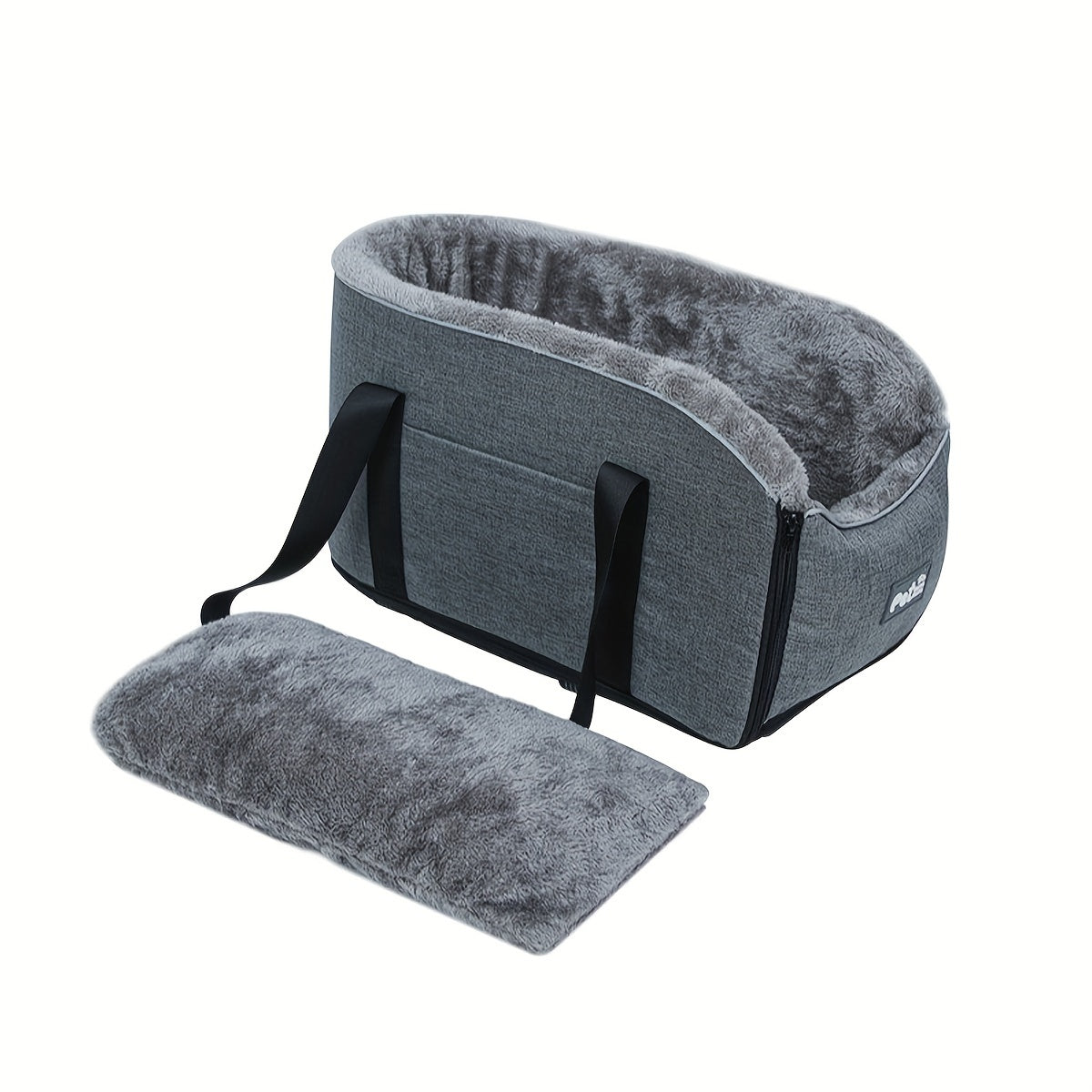 Grey pet car seat with two front handles and included flat floor mat