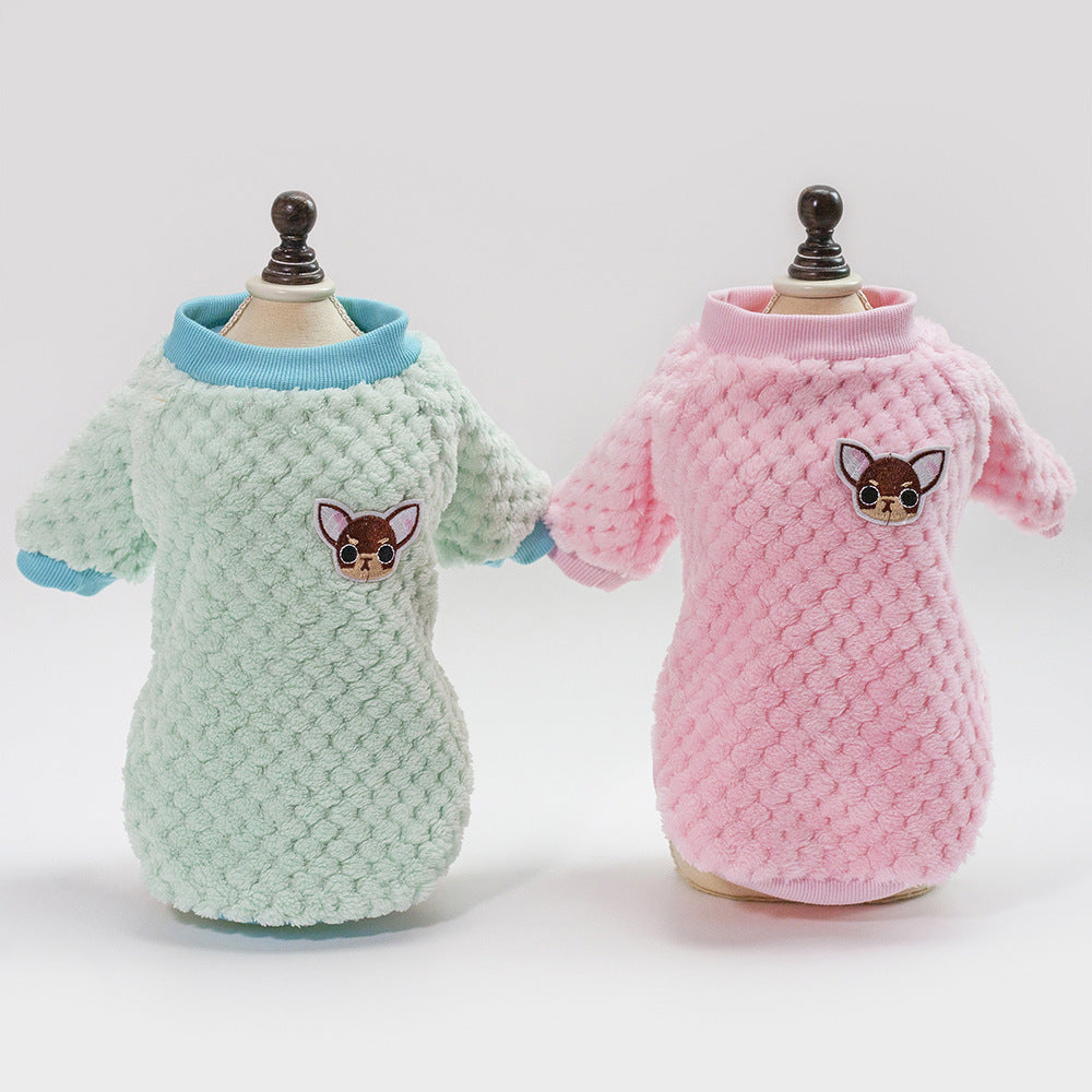 Pet sweater set: mint green with blue trim, plus pink sweater with cat face patch