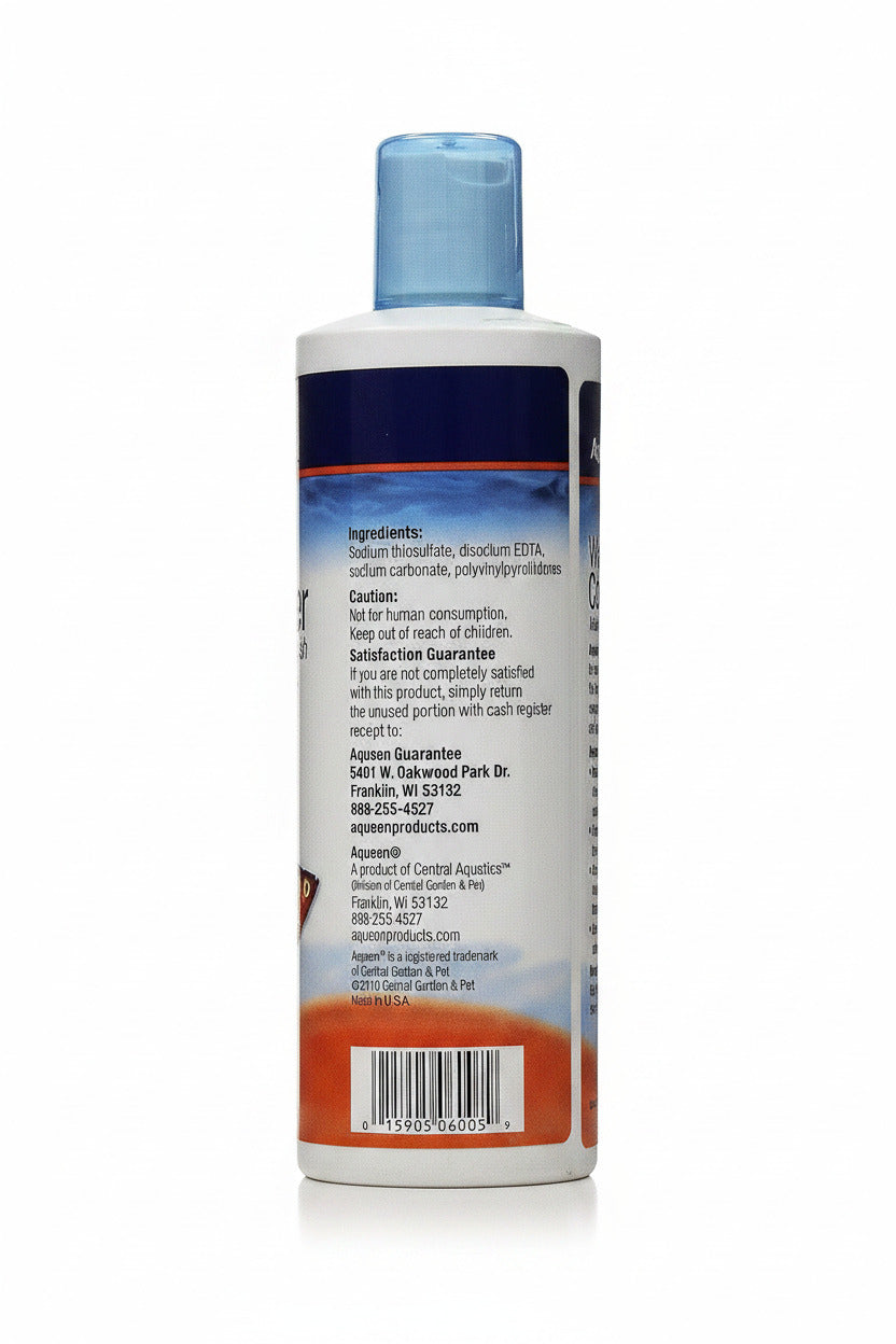 Aqueon water conditioner bottle back label with ingredients and barcode