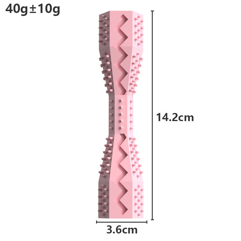 Pink ridged dog chew toy clip, arrow-like bite textures, 14.2 cm tall, 3.6 cm wide