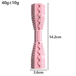 Pink ridged dog chew toy clip, arrow-like bite textures, 14.2 cm tall, 3.6 cm wide