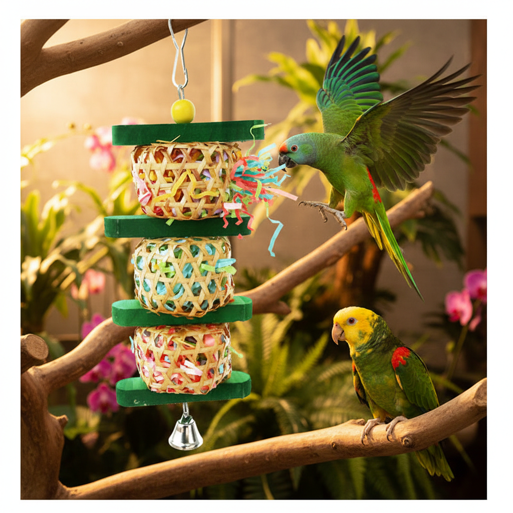 Rattan bird chew toy with wooden skewers, colorful hanging blocks for parrot