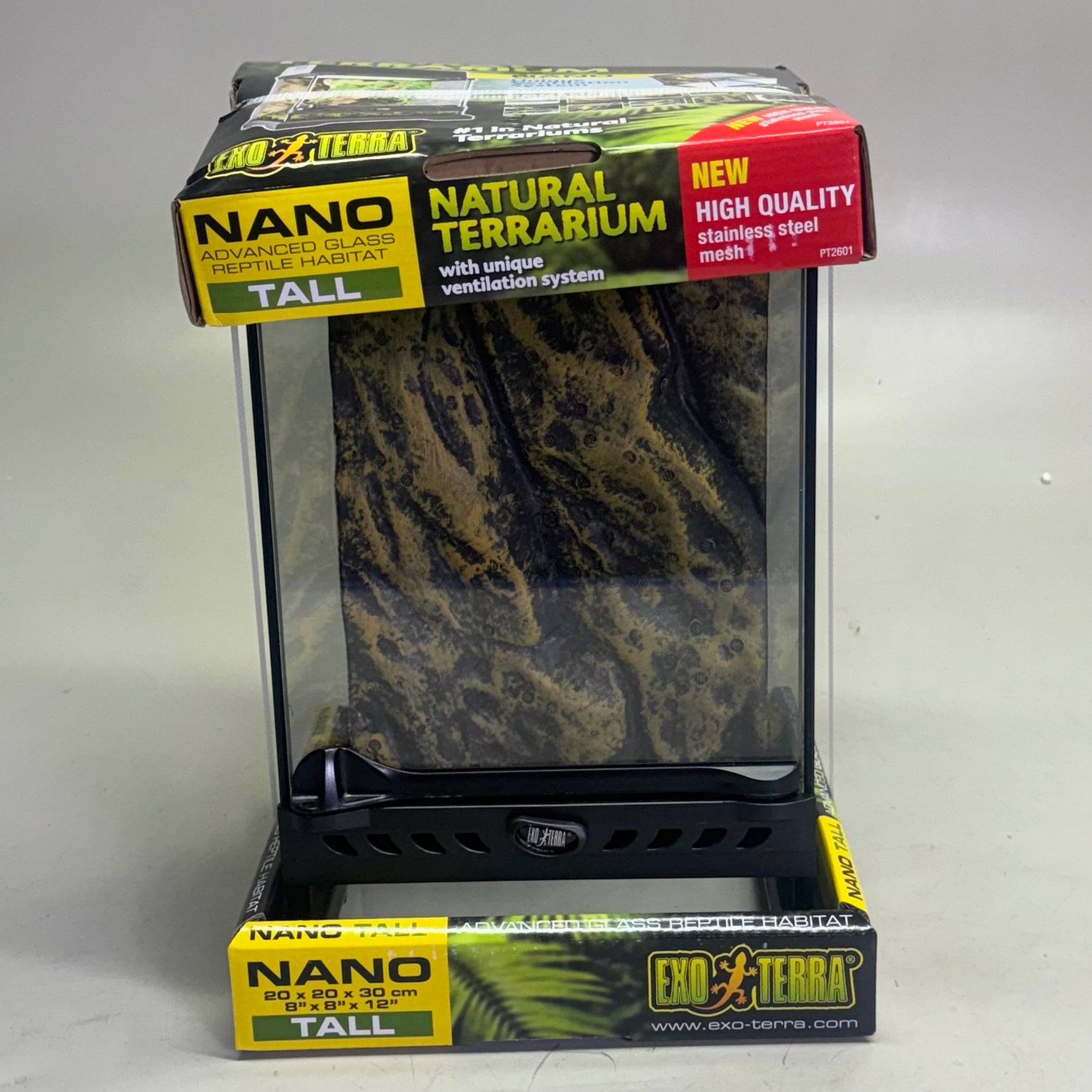 Nano Tall natural terrarium box with vented black base and clear front panel