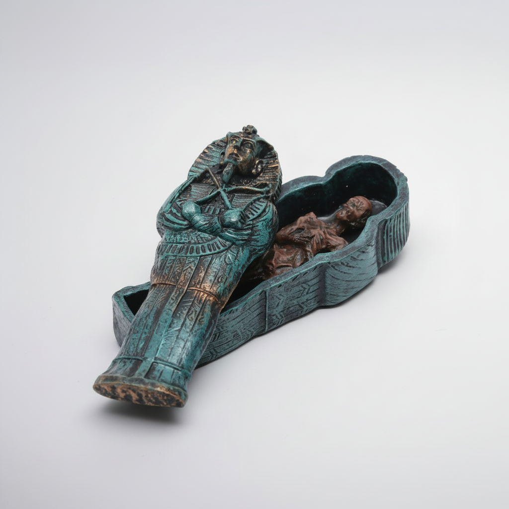 Mummy coffin fish tank resin ornament—mummy figure in teal sarcophagus