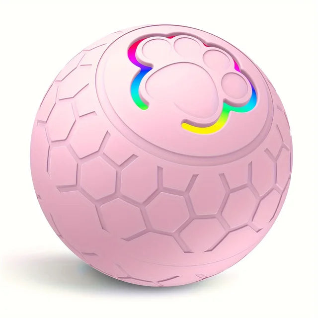 Smart bouncing ball in pink with multicolor paw graphic and hex-pattern grip