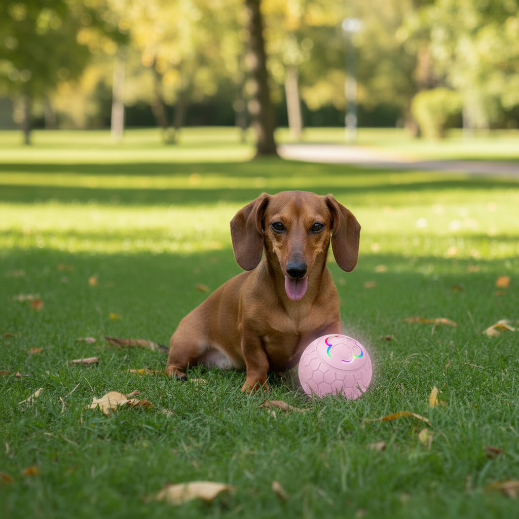 Pink smart bouncing ball toy near a lying dog on grass