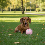 Pink smart bouncing ball toy near a lying dog on grass