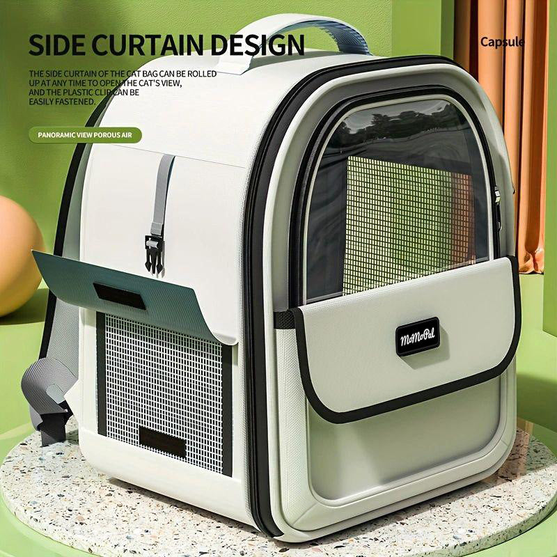 Cat carrier backpack with side-opening panel, clear front window, white body and black trim