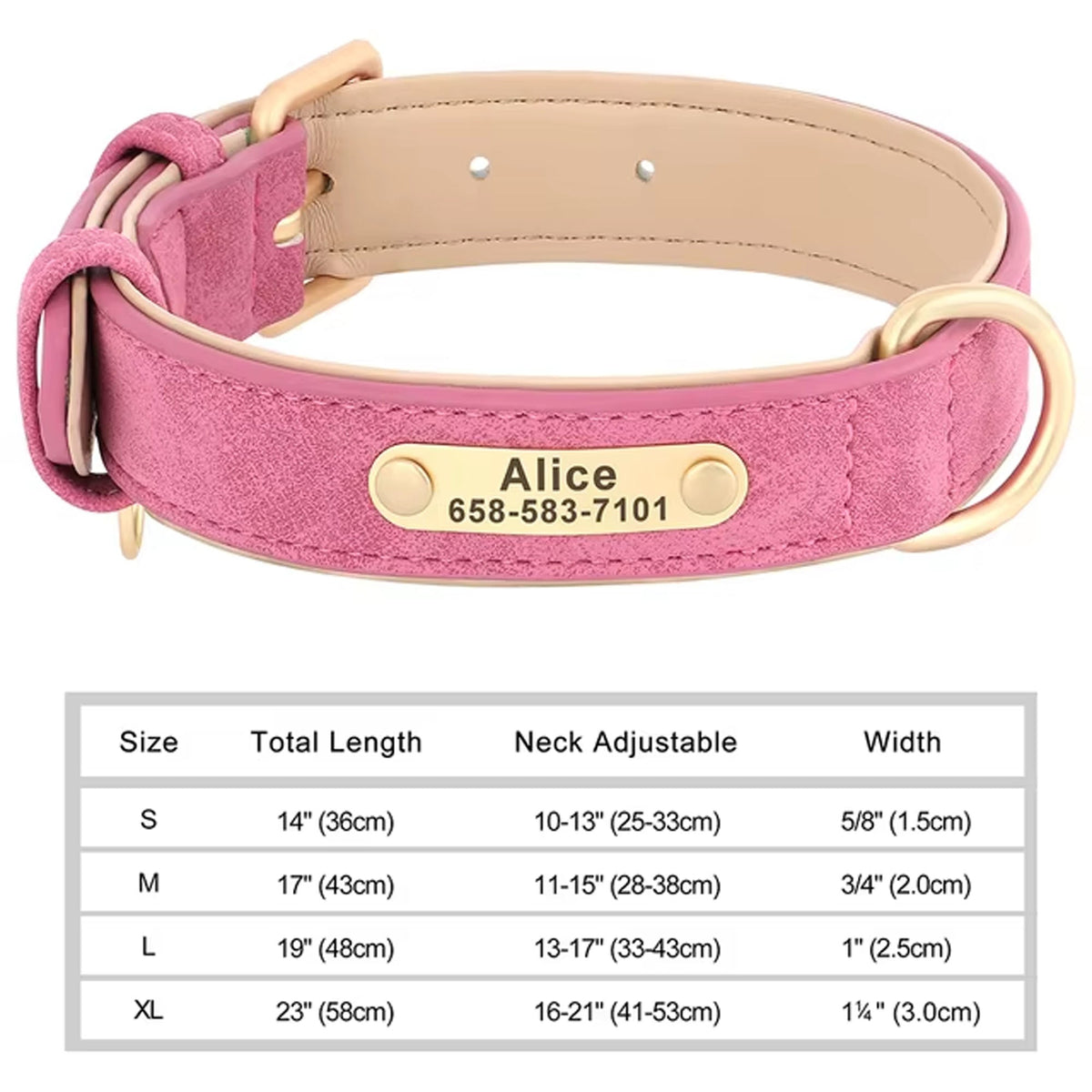 Pink PU leather dog collar with engraved ID tag reading Alice