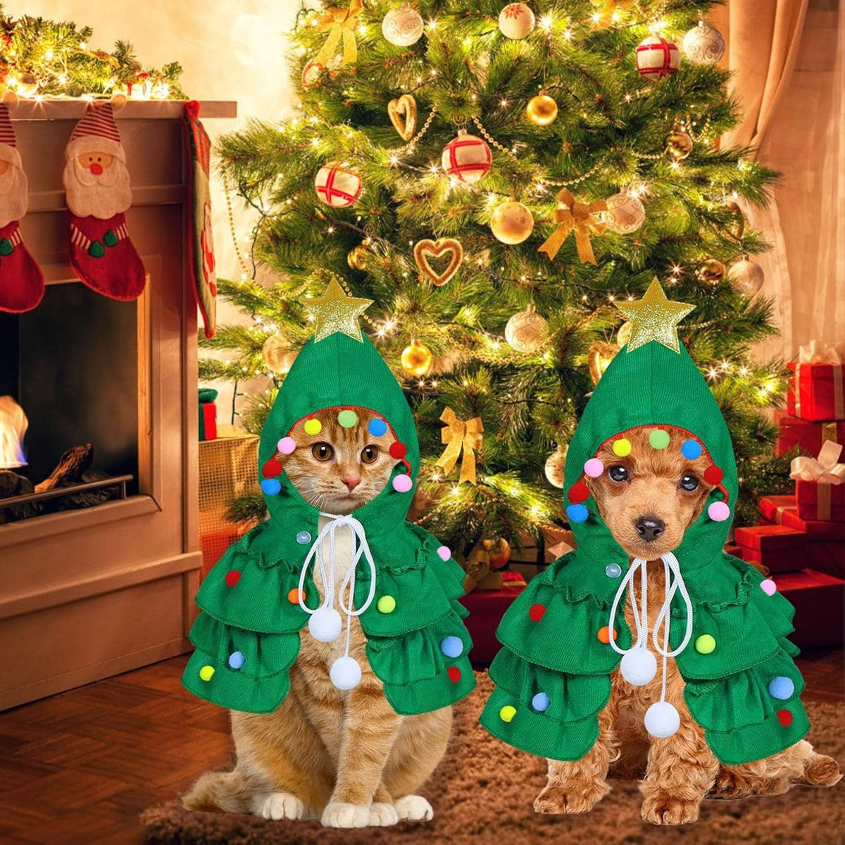 Two pets wearing green Christmas tree hooded costumes with gold star, colorful pom-poms, and ties