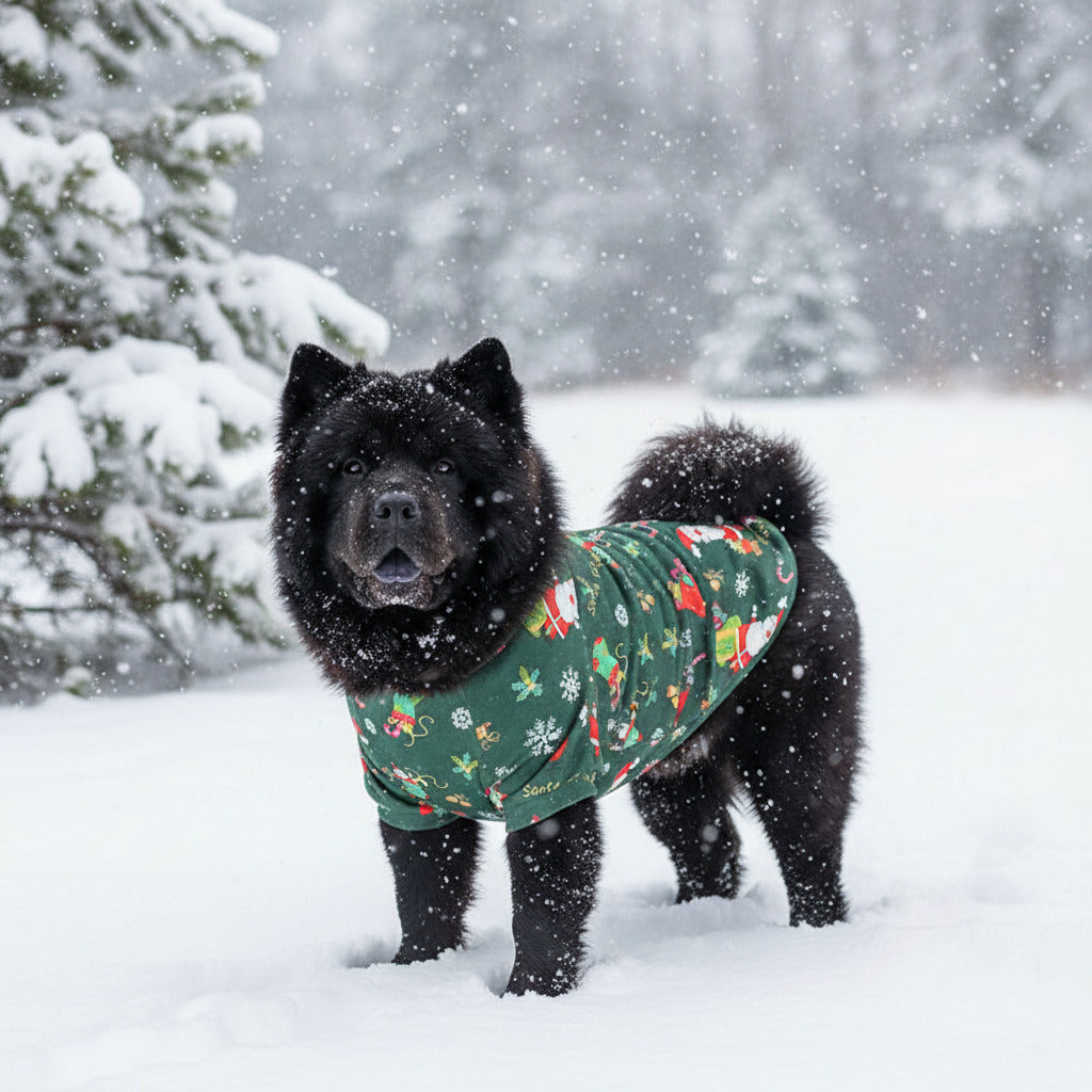 Pet sweater with hood, green knit with colorful holiday motifs, four-leg design