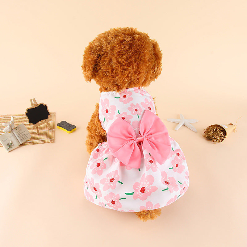 Pink floral pet dress skirt with large pink ribbon bow