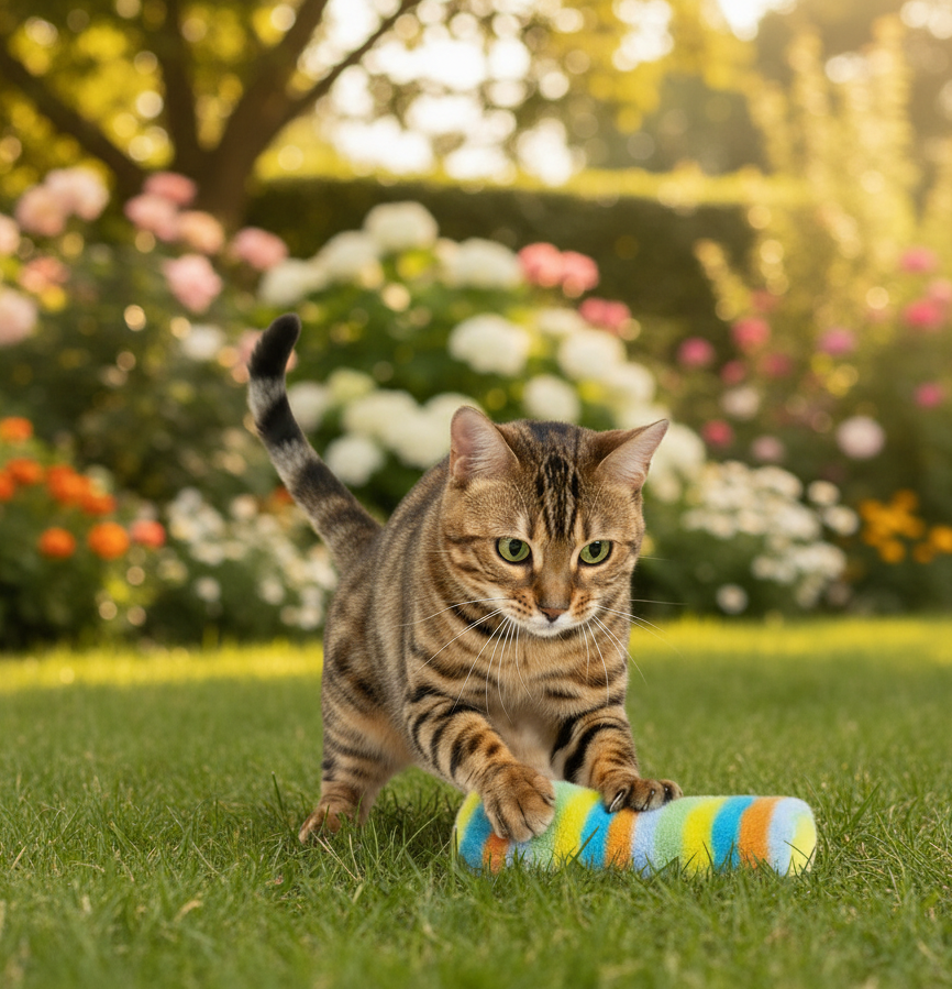 Rainbow striped long plush cat pillow toy held in a cat’s paws outdoors
