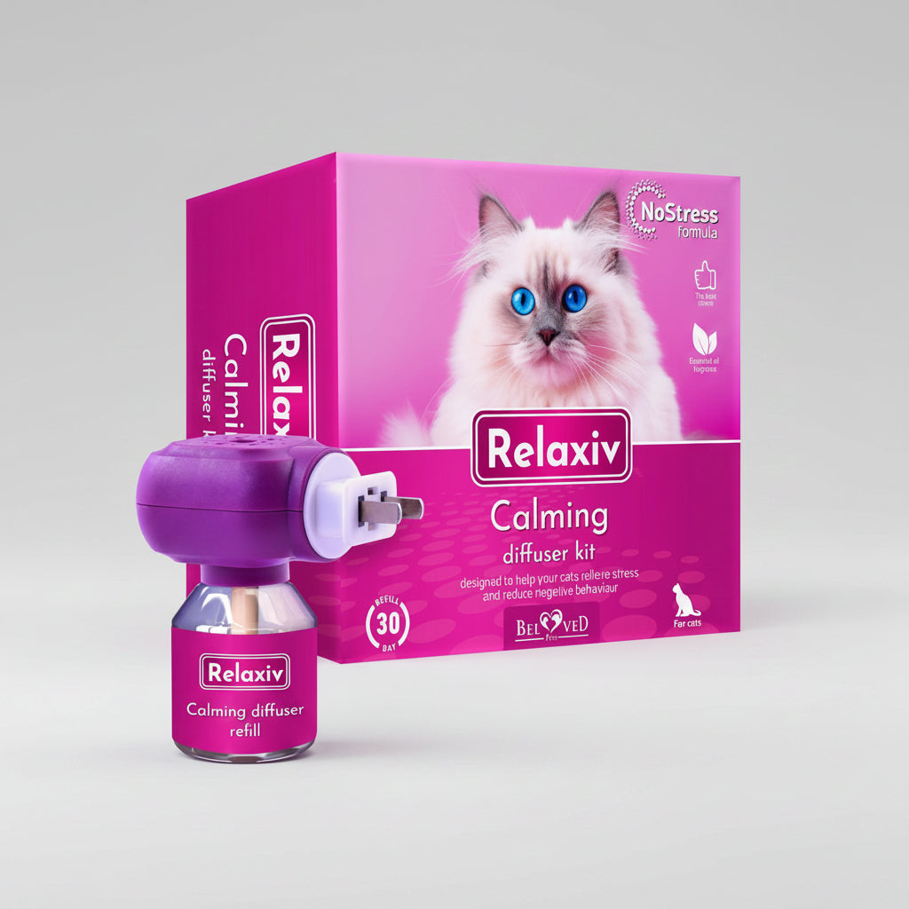 Purple cat calming diffuser kit with plug-in diffuser, refill bottle, and retail box