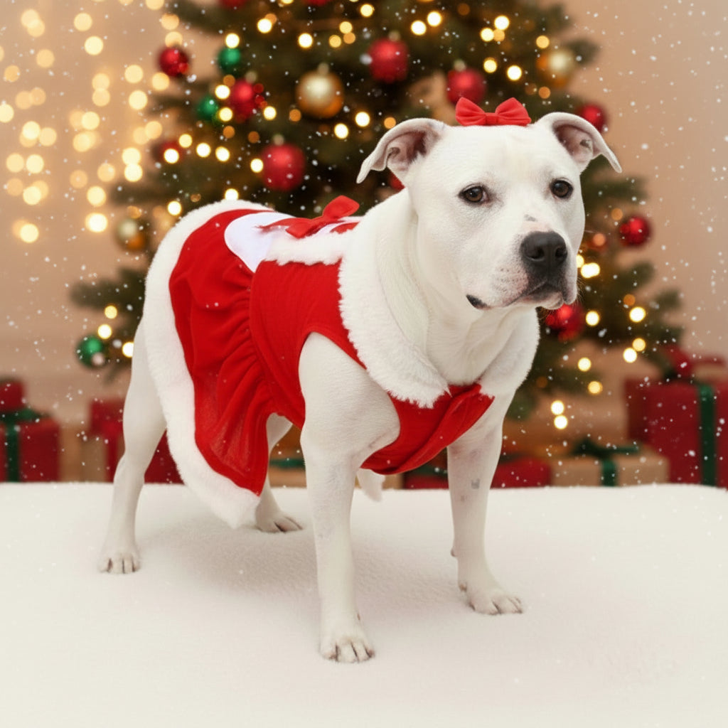 Christmas dog sweater, red with white fur trim and red hat-style hood