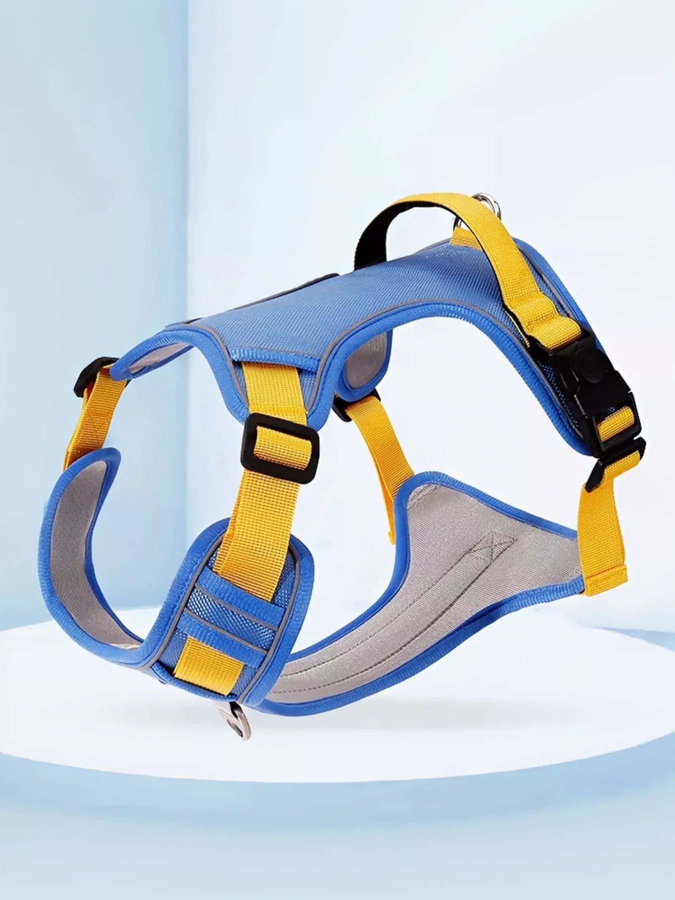 Adjustable pet harness with blue straps, yellow accents, and black buckles