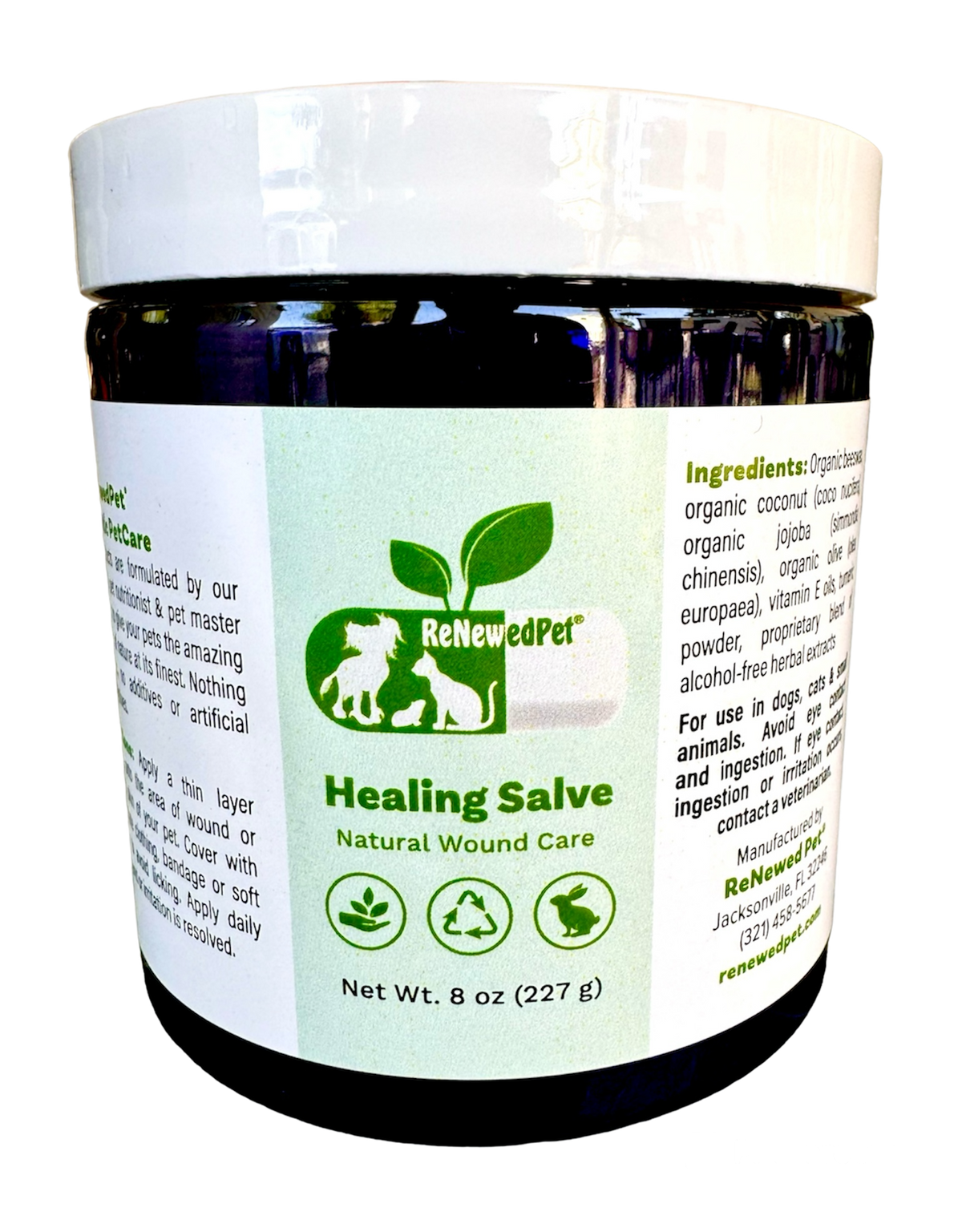 Healing salve jar with green label and ingredient list, net wt 8 oz (227 g)