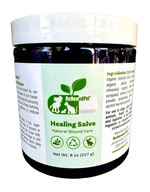 Healing salve jar with green label and ingredient list, net wt 8 oz (227 g)