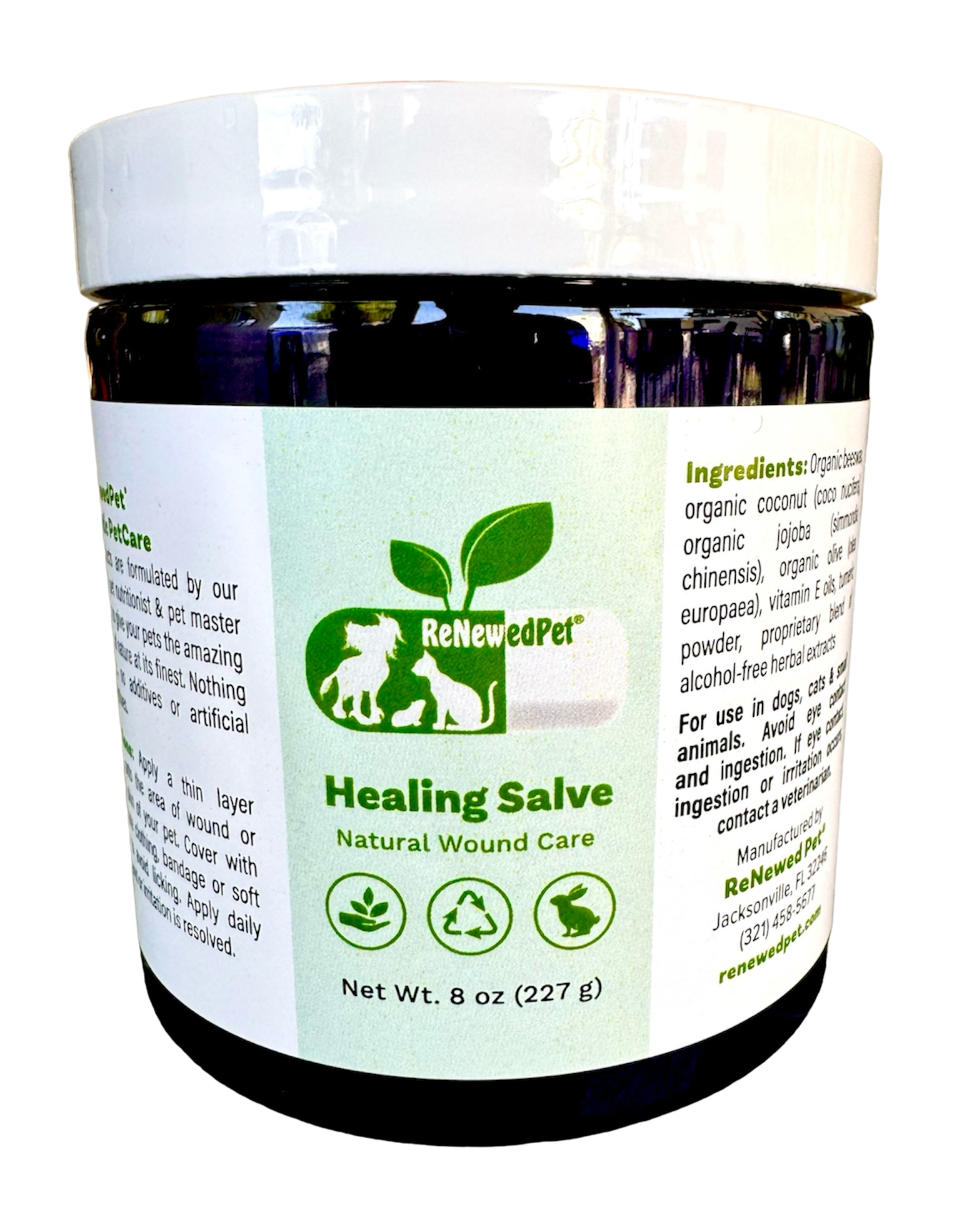 Healing salve jar with green label and ingredient list, net wt 8 oz (227 g)