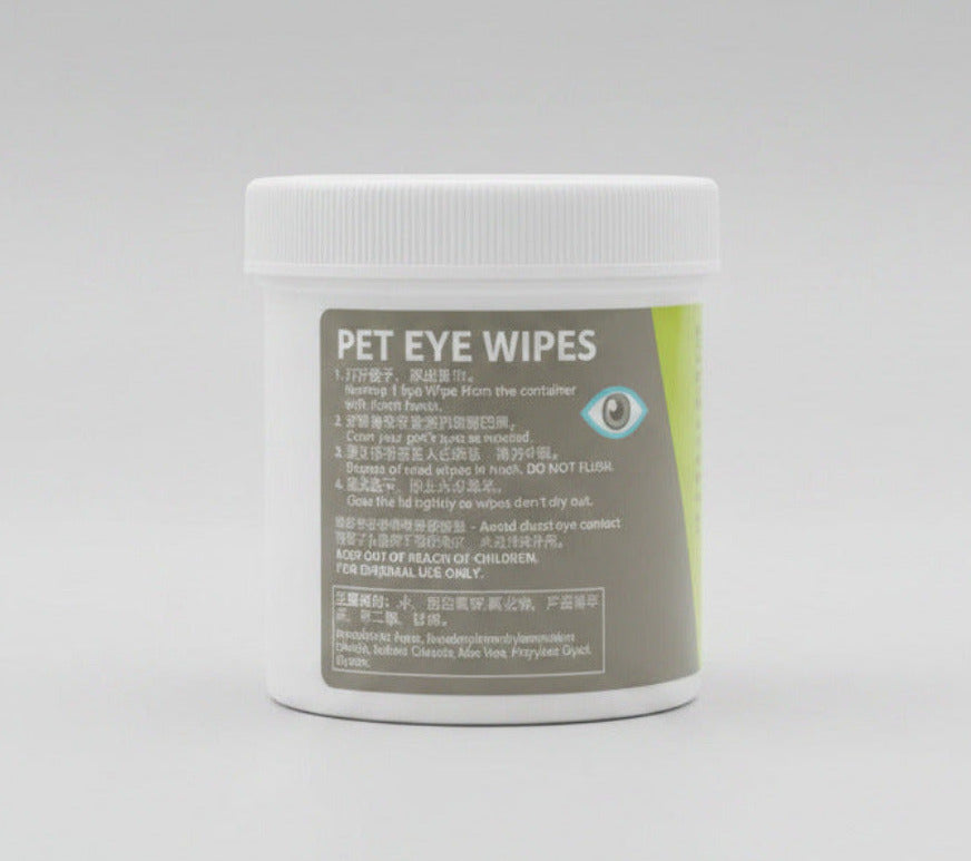 Pet eye tear stain wipes jar with back label and white screw-top lid