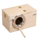Pine wooden birdhouse with round entrance hole, metal trim, and front perch