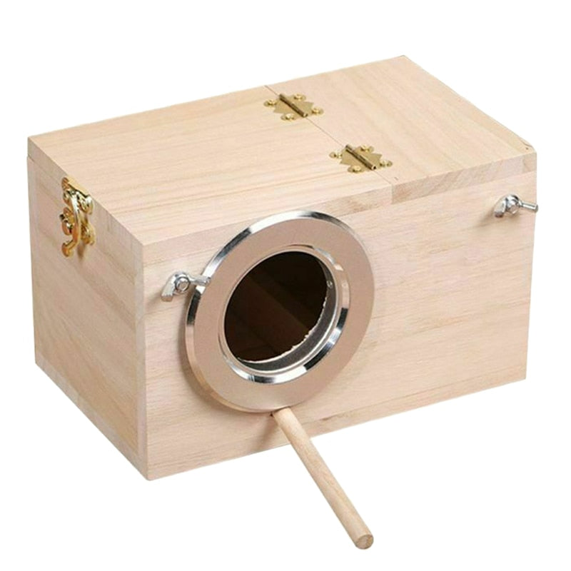 Pine wooden birdhouse with round entrance hole, metal trim, and front perch