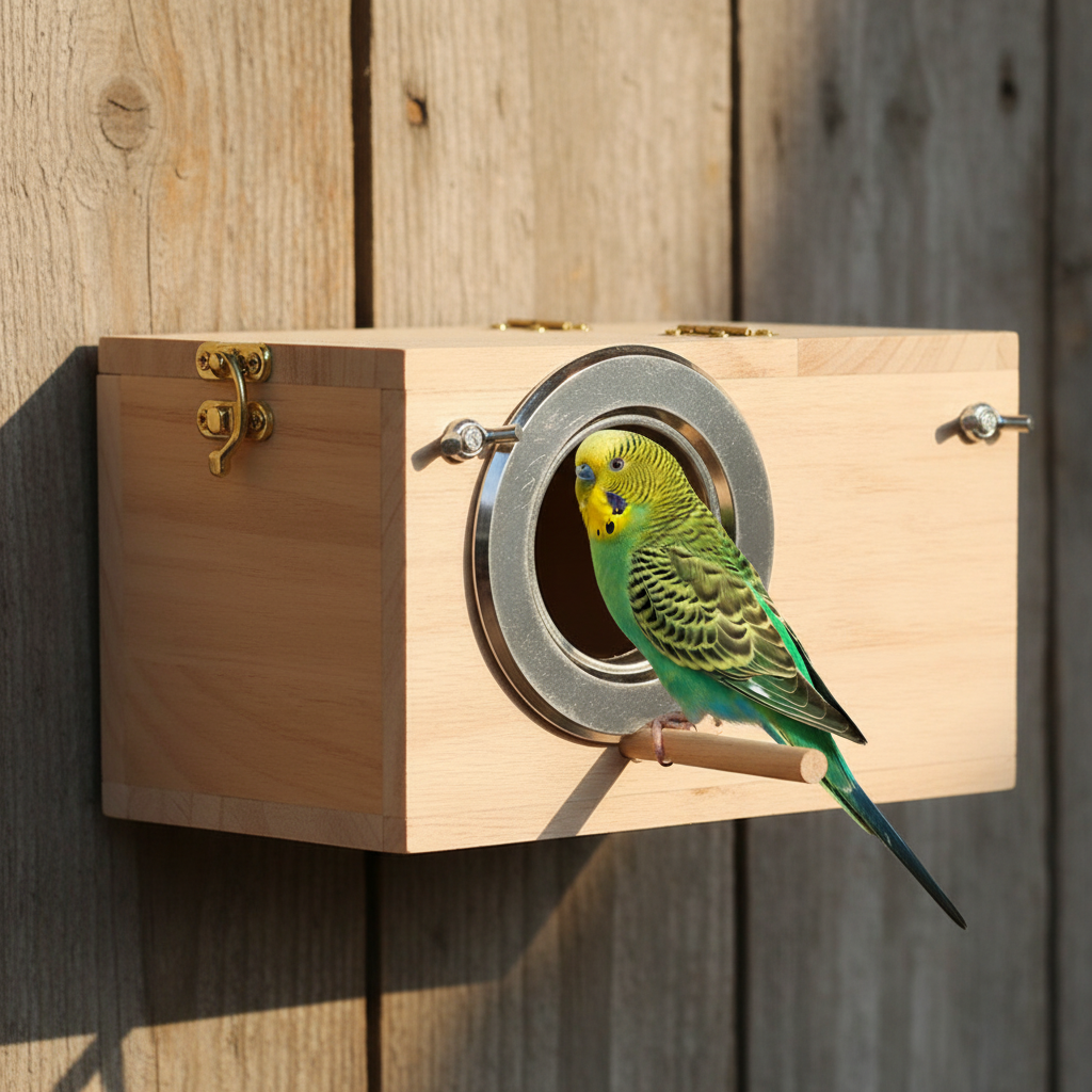 Pine wooden birdhouse with round metal entrance and latch, bird perched at doorway