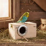 Wooden birdhouse with round metal entrance hole, side latch, and hanging rope loop.