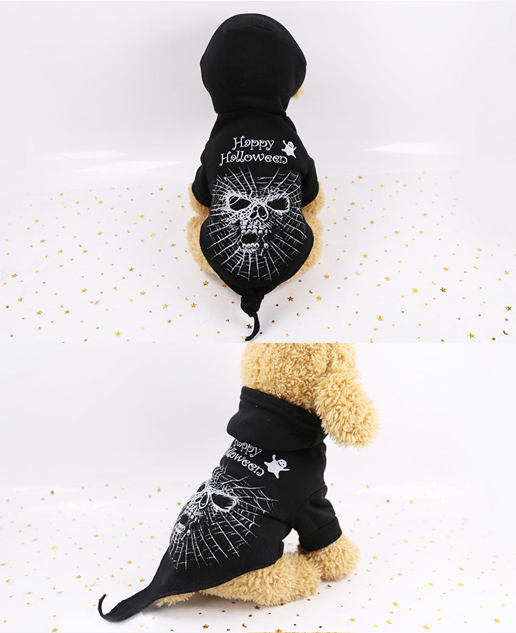 Black fleece dog hoodie sweater with Happy Halloween spiderweb skull print, back view