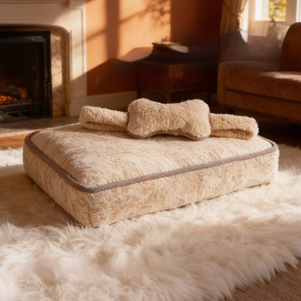 Beige plush pet sofa bed with raised paw print bolster on top, thick cushion