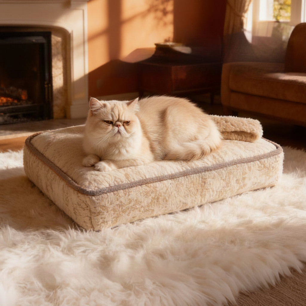 Beige plush sofa pet bed with padded sides and cushion