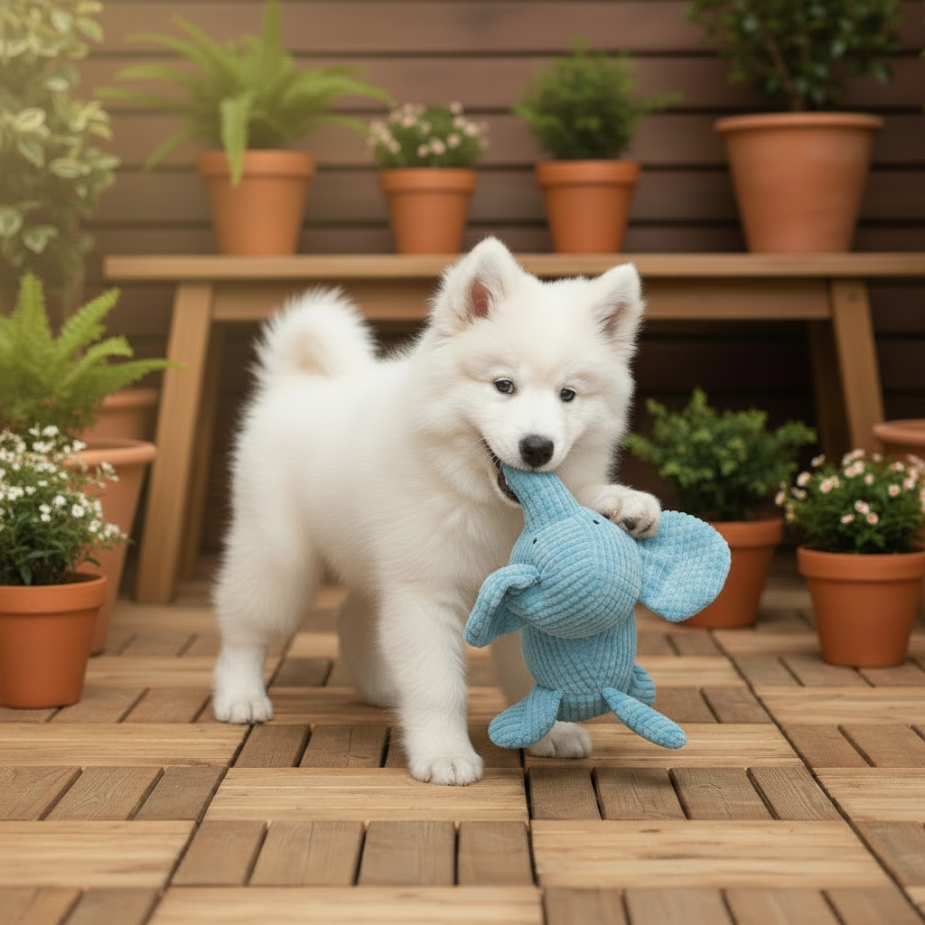Blue elephant plush squeaky dog toy gripped by a white dog, textured ears and trunk