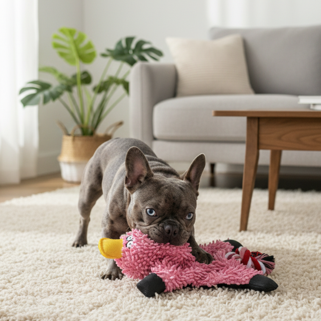 Rosa Mop-Plüsch-Ente-Spielzeug mit gelbem Schnabel und schwarzen Beinen, Hund liegt darauf
