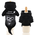 Black fleece dog hoodie sweater with Happy Halloween spiderweb skull print, front on mannequin