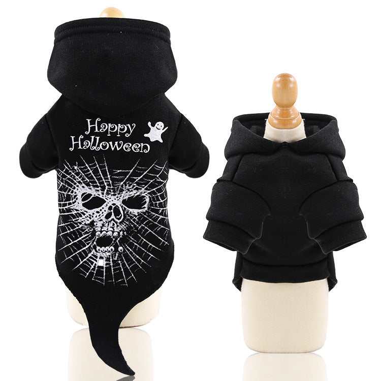 Black fleece dog hoodie sweater with Happy Halloween spiderweb skull print, front on mannequin