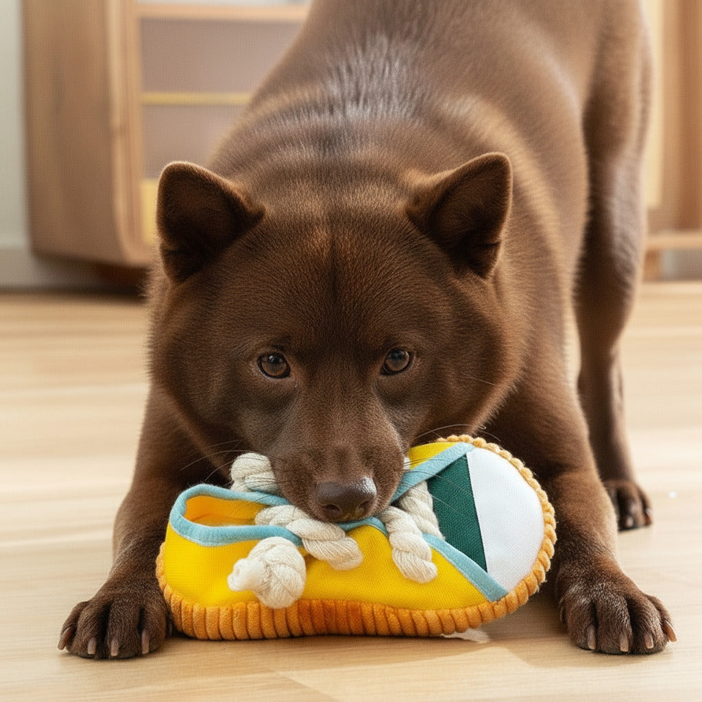 Squeaky plush shoe dog toy in yellow with blue trim, green stripe, and white rope laces