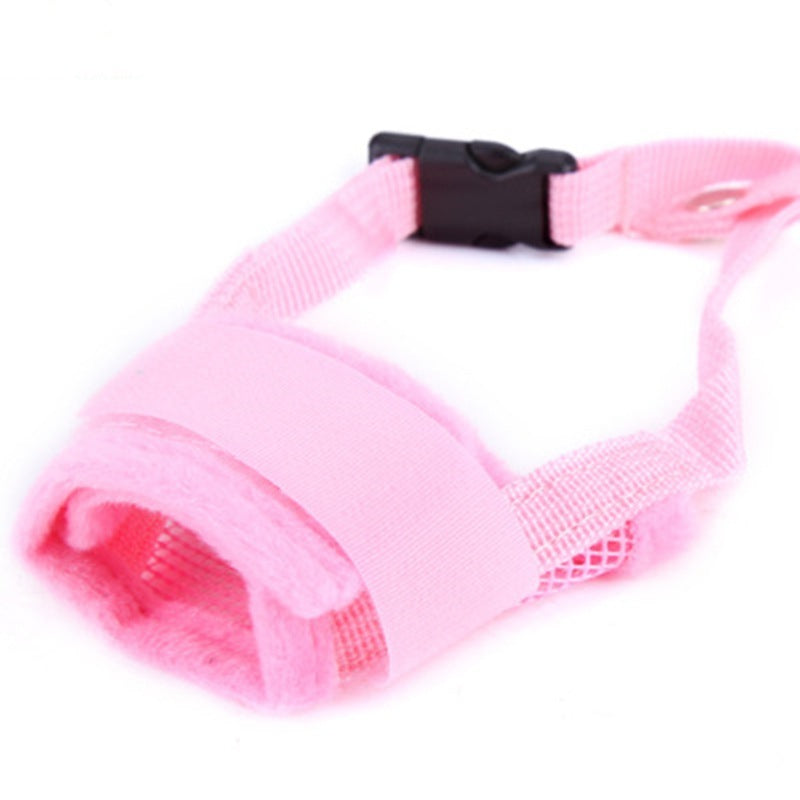 Light pink adjustable pet muzzle mask with mesh guard and buckle strap